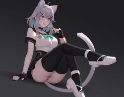 1girl absurdres ahoge animal_ears aqua_bow aqua_bowtie black_gloves black_nails black_sailor_collar blue_eyes bow bowtie bracelet breasts candy cat_ears cat_girl cat_tail choker commentary commission dnaitari fingerless_gloves food gloves grey_hair hair_between_eyes hair_ornament hairpin highres indie_virtual_youtuber jewelry large_breasts lollipop medium_hair miniskirt panties pointy_ears sailor_collar school_uniform serafuku short_sleeves sitting skindentation skirt solo tail thighhighs tongue tongue_out underwear vei_(vtuber) vei_(vtuber)_(11th_costume) virtual_youtuber