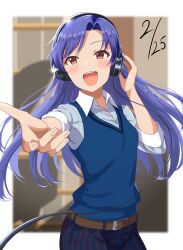 1girl absurdres arm_up belt birthday blue_hair blue_sweater_vest blurry blurry_background blush border brown_belt brown_eyes collared_shirt cowboy_shot dated fingernails floating_hair foreshortening gen_(renoir1124) glint headphones highres idolmaster idolmaster_(classic) kisaragi_chihaya looking_at_viewer music open_mouth outside_border outstretched_arm pants shirt singing smile solo standing striped_clothes striped_pants sweater_vest teeth upper_teeth_only white_border