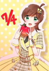 Rule 34 | 1girl, ahoge, apple, black necktie, brown hair, collared shirt, commentary request, dated, dore mikan, dot nose, food, fruit, future signature (idolmaster), green eyes, holding, holding food, holding fruit, idolmaster, idolmaster million live!, idolmaster million live! theater days, kinoshita hinata, looking at viewer, necktie, open mouth, shirt, short sleeves, smile, solo, twitter username, white shirt