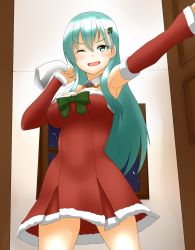 Rule 34 | &gt;;d, 1girl, 30-06, ;d, aqua eyes, aqua hair, armpits, bad id, bad pixiv id, bare legs, bare shoulders, blush, bow, breasts, carrying over shoulder, christmas tree hair ornament, cleavage, detached collar, detached sleeves, dress, female focus, fur trim, gift bag, green bow, hair between eyes, hair ornament, highres, indoors, kantai collection, large breasts, long hair, looking at viewer, one eye closed, open door, open mouth, outstretched arm, red detached sleeves, red dress, sack, santa costume, short dress, smile, solo, standing, strapless, strapless dress, suzuya (christmas) (kancolle), suzuya (kancolle), v-shaped eyebrows, very long hair, window, wink