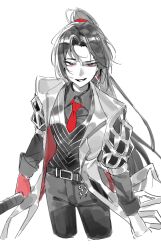 1boy absurdres black_hair black_shirt contempt_awe_(e.g.o) e.g.o_(project_moon) earrings highres jacket jewelry jia_huan_(project_moon) limbus_company may.l may_(nayt_layt) necktie partially_colored ponytail project_moon red_eyes red_necktie shirt single_earring smirk