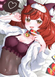 Rule 34 | 1girl, :d, absurdres, animal ear fluff, animal ears, bed sheet, bell, black bra, blush, bodystocking, bra, breasts, brown eyes, brown hair, card, cat ears, cleavage, collarbone, collared shirt, commentary request, covered navel, cowboy shot, ear covers, gamel 120, hair between eyes, heart, highres, holding, holding card, horse ears, horse girl, long sleeves, looking at viewer, lying, medium breasts, medium hair, midriff, multicolored hair, neck bell, nice nature (umamusume), on back, open clothes, open mouth, open shirt, shirt, sidelocks, sleep mask, smile, solo, spoken heart, streaked hair, twintails, umamusume, underwear, uno (game), white shirt