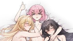 3girls :&gt; amaori_renako bite_mark bite_mark_on_breast black_hair blonde_hair breasts closed_eyes completely_nude drooling hair_ornament hairclip hickey highres koto_satsuki long_hair lying mian_li mouth_drool multiple_girls nude ouzuka_mai pink_hair purple_eyes saliva short_hair sleeping thumbs_up watashi_ga_koibito_ni_nareru_wake_naijan_murimuri! x_hair_ornament yuri