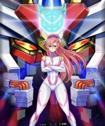 1girl blue_eyes bodysuit breasts closed_mouth commentary_request covered_navel crossed_arms dated feet_out_of_frame g_gundam glowing glowing_eyes gluteal_fold gunbuster_pose gundam gundam_seed gundam_seed_freedom hair_ornament hairclip high_ponytail highres impossible_bodysuit impossible_clothes insignia lacus_clyne large_breasts legs_apart long_hair looking_at_viewer mecha mecha_pilot_suit michi_kuso mighty_strike_freedom_gundam mobile_suit mobile_trace_suit multicolored_bodysuit pink_bodysuit pink_hair ponytail robot science_fiction shiny_clothes skin_tight standing strike_freedom_gundam top_wo_nerae! top_wo_nerae!_(series) two-tone_bodysuit v-fin v-shaped_eyebrows very_long_hair white_bodysuit yellow_eyes