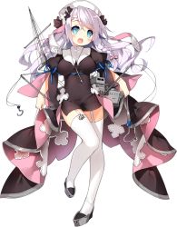 1girl :d anchor azur_lane black_dress black_shoes blue_eyes blue_pupils blue_ribbon blush braid breasts bright_pupils clothes_lift crossed_bangs dress eyebrows eyelashes female_focus fingernails floating_hair full_body garter_straps hair_between_eyes hat hook leg_up lifting_own_clothes light_purple_hair long_fingernails long_hair machinery medium_breasts nurse_cap official_art open_mouth overskirt puffy_short_sleeves puffy_sleeves ribbon saru shoes short_dress short_sleeves side_slit single_braid smile solo standing standing_on_one_leg tareme taut_clothes taut_dress teeth thighhighs tongue transparent_background vestal_(azur_lane) white_hat white_thighhighs zettai_ryouiki