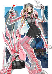 1girl 3d bag black_skirt blonde_hair border calne_ca_(deino) cityscape deino_(deino3330) glasses gradient_hair grey_hair heart highres holding holding_bag jirai_kei joints long_hair looking_at_viewer mechanical_arms mechanical_legs multicolored_hair nato-kun original outline outside_border robot robot_joints shirt skeletal_arm skirt solo white_border white_outline