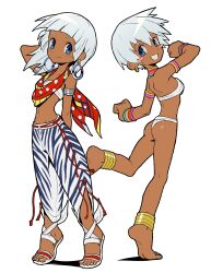 absurdres animal_print anklet armlet ass bandeau barefoot blush_stickers dark-skinned_female dark_skin dual_persona earrings elena_(street_fighter) highres hoop_earrings jewelry neck_ring pants sach56000 sandals scarf short_hair smile street_fighter street_fighter_6 street_fighter_iii_(series) tiptoes white_bandeau white_hair white_pants zebra_print