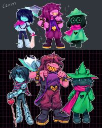 1boy 1girl 1other absurdres armlet armor armored_boots axe black_boots black_fur black_jacket black_unitard blue_cape blue_skin boots bracelet cape colored_skin commentary deltarune english_commentary glasses goomyloid green-framed_eyewear green_hat green_robe grin hat highres holding holding_axe holding_sword holding_weapon horns jacket jewelry kris_(deltarune) mane_ax_(deltarune) medium_hair partially_shaded_face pink_cape pink_scarf purple_hair purple_shirt purple_skin ralsei ralsei_(hat) redrawn robe scarf sharp_teeth shirt shoulder_armor side_cape sleeveless sleeveless_jacket smile spiked_armlet spiked_bracelet spikes striped_cape susie_(deltarune) sword teeth thumbs_down two-tone_cape weapon
