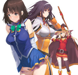 Rule 34 | a1 (initial-g), aqua (konosuba), aqua (konosuba) (cosplay), armor, bandaged leg, bandages, belt, black choker, black gloves, black hair, black headwear, black thighhighs, blonde hair, blue eyes, blue skirt, breasts, brown belt, brown eyes, choker, commentary request, cosplay, cowboy shot, darkness (konosuba), darkness (konosuba) (cosplay), detached sleeves, dress, embarrassed, feet out of frame, fingerless gloves, gloves, hat, kasumigaoka utaha, katou megumi, kono subarashii sekai ni shukufuku wo!, long hair, medium breasts, megumin, megumin (cosplay), red dress, red eyes, saenai heroine no sodatekata, sawamura spencer eriri, short hair, simple background, single thighhigh, skirt, thighhighs, twintails, white background, witch hat