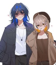 2girls ? ahoge anger_vein arm_around_shoulder beret black_jacket black_pants blue_eyes blue_hair brown_camisole brown_eyes brown_hair brown_hoodie camisole donut_hole_(vocaloid) down_jacket hair_intakes hana20000920 hat highres hololive hololive_english hood hoodie jacket jewelry looking_at_viewer mouth_hold multicolored_hair multiple_girls nanashi_mumei necklace official_alternate_costume ouro_kronii pants parted_lips shaded_face shirt stalk_in_mouth streaked_hair virtual_youtuber white_shirt wolf_cut yuri
