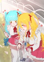 2girls blonde_hair blue_hair blush breasts closed_eyes don_quixote_(project_moon) food frills from_above full_body grass hair_ornament highres holding holding_tongs jirai_kei lace large_breasts limbus_company long_hair long_sleeves looking_at_object miniskirt multicolored_hair multiple_girls open_mouth pink_nails pink_skirt pmchell_04 project_moon queen_of_hatred red_ribbon ribbon road shirt shoes skirt slit_pupils smile street thighhighs tongs trash trash_bag trash_can two_side_up white_shirt white_thighhighs yellow_bag yellow_eyes