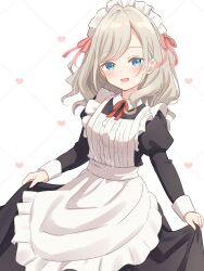 1girl :d alternate_costume apron blue_eyes blush breasts center_frills ceras_yanagida_lilienfeld collared_dress commentary contrast_collar cowboy_shot dotted_line dress enmaided frilled_apron frills grey_hair grid_background hair_ribbon hanazora_satsuki hashtag-only_commentary heart heart_background highres juliet_sleeves link!_like!_love_live! long_hair long_sleeves looking_at_viewer love_live! maid maid_apron maid_day maid_headdress medium_breasts neck_ribbon open_mouth pink_ribbon puffy_sleeves red_ribbon ribbon skirt_hold smile solo virtual_youtuber wavy_hair white_apron white_background