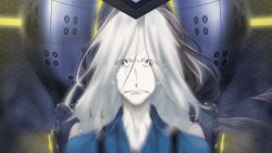Rule 34 | 1boy, black eyes, black overalls, blue shirt, brown hair, clenched teeth, exoskeleton, eyes visible through hair, fukuda tomonori, game cg, highres, kimijima kou, long hair, mecha interior, non-web source, official art, open collar, overalls, pale skin, parted lips, robotics;notes, science adventure, senomiya misaki, shirt, surprised, teeth, wide-eyed