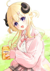 1girl :d ahoge animal_ears bendy_straw blonde_hair brown_skirt collared_shirt commentary_request dress_shirt drinking_straw grass head_tilt highres holding hololive horns jacket long_hair long_sleeves looking_at_viewer open_clothes open_jacket open_mouth pink_jacket plaid_clothes plaid_skirt pleated_skirt puffy_long_sleeves puffy_sleeves rino_cnc sheep_ears sheep_girl sheep_horns shirt skirt sleeves_past_wrists smile solo tsunomaki_watame tsunomaki_watame_(school_uniform) virtual_youtuber white_background white_shirt