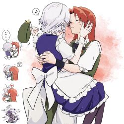 Rule 34 | +++, 2girls, ?, apron, back bow, black pantyhose, blush, bow, braid, closed eyes, closed mouth, commentary request, green vest, grey hair, hand on another&#039;s face, hat, hat ornament, heart, highres, holding, holding unworn clothes, holding unworn hat, hong meiling, izayoi sakuya, kiss, knife, maid, multiple girls, no headwear, pants, pantyhose, pelvic curtain, red hair, shirt, short sleeves, side slit, sitting, sitting on lap, sitting on person, speech bubble, spoken blush, spoken heart, spoken question mark, star (symbol), star hat ornament, surprise kiss, surprised, sweatdrop, thought bubble, touhou, translation request, twin braids, ukei624, unworn hat, unworn headwear, vest, waist apron, white apron, white bow, white pants, white shirt, wrist cuffs, yuri