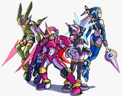 Rule 34 | 1girl, 3boys, armor, blue armor, blue eyes, blue helmet, brother and sister, brothers, dual wielding, energy blade, energy sword, fairy leviathan (mega man), fighting fefnir (mega man), fins, forehead jewel, full body, green armor, green eyes, green helmet, group picture, head fins, helmet, hidden phantom (mega man), highres, holding, holding cannon, holding polearm, holding weapon, horns, mechanical wings, mega man (series), mega man zero (series), multiple boys, n2ure7tfisnzmcd, ninja, polearm, purple armor, purple eyes, purple helmet, red armor, red eyes, red helmet, red scarf, sage harpuia (mega man), scarf, siblings, simple background, smirk, spear, sword, weapon, white background, winged helmet, wings