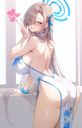 Rule 34 | 1girl, alternate costume, ass, asuna (blue archive), back, backless dress, backless outfit, bare arms, bare shoulders, blonde hair, blue archive, blue eyes, blue halo, blue nails, blue ribbon, blush, bracelet, breasts, china dress, chinese clothes, dress, earrings, eyes visible through hair, floral print, from behind, hair over one eye, hair ribbon, halo, hand up, heart, highres, jewelry, large breasts, long hair, looking at viewer, looking back, nail polish, parted lips, revision, ribbon, smile, solo, studiopokotan, teeth, thighs, white dress
