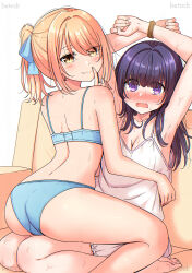 2girls absurdres arms_up ass betock black_hair blonde_hair blue_bra blue_panties blush bound bound_wrists bra breasts camisole cleavage closed_mouth commentary_request fang highres medium_hair multiple_girls open_mouth original panties ponytail purple_eyes sitting sitting_on_lap sitting_on_person sweat underwear underwear_only white_camisole yellow_eyes yuri