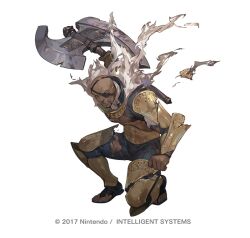 1boy armor axe bald basilio_(fire_emblem) battle_axe broken_armor dark-skinned_male dark_skin eyepatch facial_hair fire_emblem fire_emblem_awakening fire_emblem_heroes goatee gold_armor holding holding_axe male_focus mature_male muscular muscular_male nintendo official_art old old_man shin_guards so-taro toeless_footwear toeless_legwear torn_clothes very_dark_skin weapon