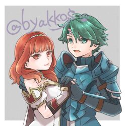 1boy 1girl alm_(fire_emblem) armor blue_armor breastplate byakkos celica_(fire_emblem) choker couple dress fingerless_gloves fire_emblem fire_emblem_echoes:_shadows_of_valentia gloves green_eyes green_hair hetero holding_hands long_hair nintendo orange_eyes orange_hair red_eyes red_hair short_hair tiara white_armor white_dress