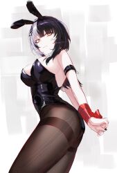 1girl absurdres alternate_costume animal_ears arm_strap black_hair black_nails black_pantyhose bound bound_wrists breasts fake_animal_ears grey_hair highleg highleg_leotard highres hololive hololive_english kurochanai large_breasts leotard long_hair multicolored_hair pantyhose playboy_bunny rabbit_ears red_ribbon ribbon shiori_novella solo split-color_hair strapless strapless_leotard thighband_pantyhose two-tone_hair virtual_youtuber yellow_eyes
