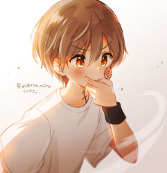 1boy arm_up armband black_armband blush brown_hair child closed_mouth commentary crew_neck dot_nose dutch_angle facial_mark far_tarooo hair_between_eyes highres male_focus orange_eyes original parted_bangs rotto_(far_tarooo) shirt short_sleeves solo symbol-only_commentary translation_request upper_body whistling white_background white_shirt