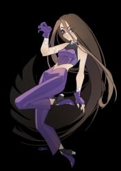 1girl absurdly_long_hair absurdres armlet bare_shoulders black_background black_boots black_shirt boots bracelet bright_pupils brown_eyes brown_hair claw_pose closed_mouth commentary cropped_shirt darcy_(winx_club) dot_nose english_commentary eyeshadow frown full_body furrowed_brow gloves hair_between_eyes high-waist_pants high_heel_boots high_heels highres jewelry leg_up light_blush long_hair long_hair_between_eyes looking_at_viewer makeup midriff multicolored_boots pants purple_boots purple_eyeshadow purple_gloves purple_pants purple_shirt shirt signature simple_background sleeveless sleeveless_shirt solo thick_eyebrows two-tone_boots two-tone_shirt very_long_hair white_pupils wikate winx_club