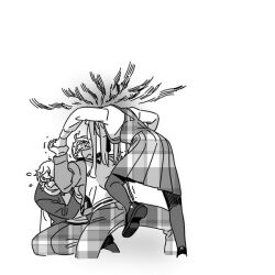 &gt;_&lt; 1girl 2boys america_(hetalia) axis_powers_hetalia back belarus_(hetalia) bow breasts brother_and_sister closed_eyes collared_shirt commentary_request crying dress flying_sweatdrops greyscale hair_bow holding_hands jacket lapels long_hair long_sleeves medium_breasts monochrome multiple_boys necktie open_clothes open_jacket open_mouth pants pantyhose pinafore_dress plaid_clothes plaid_dress plaid_pants puffy_long_sleeves puffy_sleeves russia_(hetalia) scared scarf shirt shoes short_hair siblings simple_background sleeveless sleeveless_dress squatting standing standing_on_one_leg to@st trembling vest