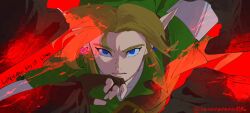 1boy arm_up belt belt_buckle black_gloves blonde_hair blue_eyes brown_belt buckle chest_belt commentary earrings english_commentary floating_hair gloves green_tunic highres jewelry layered_sleeves link long_pointy_ears long_sleeves looking_at_viewer male_focus nanananana0706 nintendo parted_hair parted_lips piercing pointy_ears sanpaku shirt short_over_long_sleeves short_sleeves solo the_legend_of_zelda the_legend_of_zelda:_ocarina_of_time tunic upper_body white_shirt