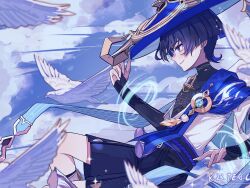 1boy anemo_symbol_(genshin_impact) aqua_gemstone armor belt bird black_belt black_bodysuit black_bridal_gauntlets black_eyes black_hair black_shorts blue_cape blue_hat blue_sky blue_sleeves blunt_ends bodysuit bridal_gauntlets cape curled_fingers dove emphasis_lines facing_to_the_side feathers from_side gem genshin_impact glowing_gem gold hakama hakama_shorts hat hat_tip highres holding holding_unworn_clothes holding_unworn_hat japanese_armor japanese_clothes jingasa kimono kote kurokote layered_sleeves looking_to_the_side male_focus midair open_clothes open_hand open_kimono parted_lips pleated_shorts pom_pom_(clothes) purple_rope rope scaramouche_(genshin_impact) short_sleeves shorts sky smirk solo tassel tea0119_c tilted_headwear turtleneck turtleneck_bodysuit unworn_hat unworn_headwear vision_(genshin_impact) wanderer_(genshin_impact) white_kimono white_mouth white_sleeves wind yellow_feathers