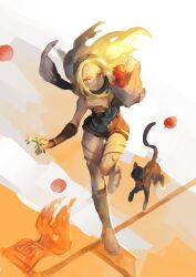 Rule 34 | 1girl, apple, bare shoulders, black scarf, blonde hair, cat, closed mouth, dark-skinned female, dark skin, dress, dusty (gravity daze), flower, food, fruit, full body, gravity daze, gravity daze 2, hairband, highres, kitten (gravity daze), lips, long hair, looking at viewer, mossan351, red eyes, scarf, smile, solo, strapless, vambraces