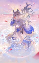 1girl absurdres animal_ear_fluff animal_ears arknights bag beach blonde_hair breasts bright_pupils caustics chinese_commentary closed_mouth commentary_request commission day etiv falling_leaves full_body hair_between_eyes highres holding holding_leaf infection_monitor_(arknights) jacket leaf lens_flare light_smile long_hair looking_at_viewer medium_breasts nearl_(arknights) on_one_knee one-piece_swimsuit outdoors partial_commentary purple_jacket see-through_clothes see-through_sleeves solo swimsuit tail water watermark white_one-piece_swimsuit white_pupils wind yellow_eyes yellow_tail