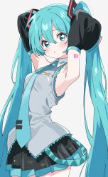 1girl absurdres aqua_eyes aqua_hair aqua_necktie armpits arms_behind_head arms_up bare_shoulders black_skirt black_sleeves blue_eyes blue_necktie blush breasts collared_shirt cowboy_shot detached_sleeves grey_background grey_shirt hair_between_eyes hair_ornament hatsune_miku highres hutaba_haru long_hair looking_at_viewer miniskirt necktie number_tattoo parted_lips pleated_skirt shirt simple_background skirt sleeveless sleeveless_shirt small_breasts solo tattoo thighhighs tie_clip twintails very_long_hair vocaloid white_background zettai_ryouiki
