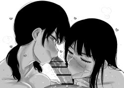 1boy :&gt;= absurdres bar_censor blush breasts censored chainsaw_man cooperative_fellatio fellatio greyscale hair_around_ear hetero highres kaiman_garupan large_breasts long_hair looking_at_viewer mitaka_asa monochrome nude open_mouth oral penis pov pov_crotch simple_background steaming_body sweat teamwork_(sexual) white_background yoru_(chainsaw_man)