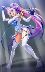 1girl :o absurdres arm_up bare_shoulders blue_eyes blue_gloves blue_hair blunt_bangs blush boots bow breasts clenched_hand covered_erect_nipples covered_navel elbow_gloves element_venus full_body gloves gradient_hair hair_bow high_ponytail highleg highleg_leotard highres impossible_clothes impossible_leotard kisaragi_nozomi large_breasts legs_apart leotard long_hair looking_at_viewer magical_girl multicolored_hair open_mouth peril pink_hair ponytail purple_hair shinsou_seiki_elementia shiny_clothes shiny_skin showgirl_skirt sirano skin_tight skirt solo standing teeth thigh_boots thighhighs upper_teeth_only v-shaped_eyebrows very_long_hair white_gloves white_leotard white_thighhighs