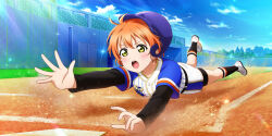 Rule 34 | 1girl, baseball, baseball base, baseball helmet, baseball stadium, baseball uniform, belt, bike shorts, black belt, black socks, black undershirt, blue sky, blush, breasts, cloud, day, fingernails, full body, helmet, highres, hoshizora rin, light rays, looking at object, love live!, love live! school idol festival all stars, love live! school idol project, official art, open hands, open mouth, orange hair, outdoors, outstretched arms, palms, playing sports, sand, serious, shirt, shirt under shirt, shoes, short hair, short sleeves, shorts, sky, sliding, socks, solo, sportswear, spread fingers, sunbeam, sunlight, sweat, sweatdrop, teeth, tree, two-tone shirt, undershirt, upper teeth only, v-shaped eyebrows, white shirt, white shoes, white shorts, yellow eyes