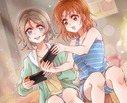 ahoge alphive arm_up arms_up bare_shoulders bed blue_eyes blurry blurry_background blush brown_hair collarbone dutch_angle game_console grey_hair highres hood hoodie jacket light_particles long_sleeves looking_at_another love_live! love_live!_sunshine!! multiple_girls nervous nervous_sweating nintendo_switch open_mouth orange_hair playing_games shirt short_hair shorts simple_background sitting sleeveless strapless sweat sweatdrop t-shirt takami_chika teeth thighs tube_top upper_teeth_only watanabe_you yuri