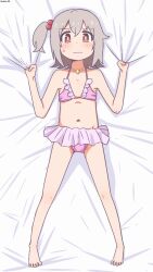 Rule 34 | 1boy, artist name, bambi2000line, bare arms, bare legs, bare shoulders, barefoot, bed sheet, bikini, bikini skirt, blush, bulge, commentary, cosplay, crossdressing, crossdressing (mtf), dot nose, embarrassed, frilled bikini, frills, full body, grey hair, hair between eyes, hair bobbles, hair ornament, highres, jewelry, lying, male focus, navel, on back, one side up, onii-chan wa oshimai!, oyama mahiro, oyama mahiro (cosplay), pendant, pink bikini, senkawa minato, sheet grab, short hair, solo, stomach, sweatdrop, swimsuit, trap, wavy mouth