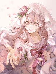 1girl arcaea beckoning bow bowtie chinese_commentary clenched_hand closed_mouth collarbone collared_shirt commentary_request cowboy_shot elicooc eyelashes flower hat hat_flower highres hikari_(arcaea) hikari_(zero)_(arcaea) leaf long_hair long_sleeves looking_at_viewer outstretched_hand petals pink_eyes pink_flower pink_hair pink_lips pleated_skirt red_bow red_bowtie sailor_collar school_uniform serafuku shirt simple_background skirt smile solo veil very_long_hair wavy_hair white_background white_sailor_collar white_serafuku white_shirt white_skirt white_veil