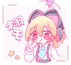 1girl :p animal_ear_headphones animal_ears aqua_necktie artist_name blonde_hair blue_archive blush blush_stickers border bow cat_ear_headphones cat_ears character_name closed_mouth collared_shirt commentary cropped_torso dot_nose fake_animal_ears hair_between_eyes hair_bow halo hand_up headphones long_sleeves looking_at_viewer low-tied_sidelocks medium_hair momoi_(blue_archive) necktie no_jacket onrataon outside_border parted_bangs pink_background pink_eyes pink_halo red_bow school_uniform shirt sidelocks signature simple_background smile solo super_star_(mario) suspenders tongue tongue_out twitter_username upper_body v white_border white_shirt