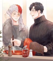 2boys absurdres black_hair black_sweater boku_no_hero_academia food grey_sweater heterochromia highres iida_tenya konsobastew ladle long_sleeves male_focus multicolored_hair multiple_boys open_mouth oven_mitts pepper_shaker red_hair ribbed_sweater salt salt_shaker scar scar_on_face short_hair soup split-color_hair stirring sweater todoroki_shoto tomato towel towel_around_neck twitter_username white_hair