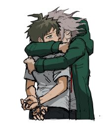 2boys a_fzrja ahoge black_pants bound bound_wrists brown_eyes brown_hair danganronpa_(series) danganronpa_2:_goodbye_despair green_jacket grey_hair grey_shirt highres hinata_hajime hood hood_down hug jacket komaeda_nagito long_sleeves male_focus multiple_boys open_clothes open_jacket pants shirt short_hair simple_background sweat white_background