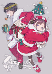 1boy 1girl absurdres black_hair box brother_and_sister brown_hair christmas commentary_request expressionless full_body gift gift_box goshichi_shoji hat highres holding holding_sack looking_at_viewer ookawa_ina ookawa_suzuri original purple_eyes sack santa_costume santa_hat siblings