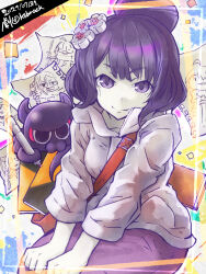 1girl absurdres artist_name artoria_pendragon_(fate) closed_mouth commentary_request dated fate/grand_order fate_(series) flower gekidan_kabrock gray_(fate) hair_bun hair_flower hair_ornament highres jacket katsushika_hokusai_(fate) katsushika_hokusai_(traveling_outfit)_(fate) looking_at_viewer mysterious_heroine_x_alter_(fate) octopus pants purple_eyes purple_hair purple_pants saber_(fate) single_hair_bun smile tokitarou_(fate) white_jacket yu_mei-ren_(fate) yu_mei-ren_(first_ascension)_(fate)