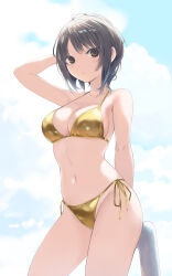 1girl aoyama_sumika bikini black_hair blue_sky breasts brown_eyes cleavage cloud coffee-kizoku cowboy_shot gold_bikini highres looking_at_viewer medium_breasts original short_hair side-tie_bikini_bottom sky solo swimsuit