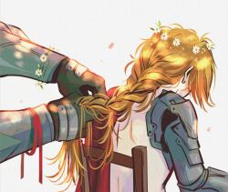 2boys alphonse_elric andythelemon blonde_hair bracelet braid braided_ponytail braiding_hair brothers chair edward_elric facing_away flower flower_bracelet flower_on_head flower_wreath fullmetal_alchemist hair_ribbon hairdressing head_out_of_frame head_wreath jewelry long_hair male_focus mechanical_arms multiple_boys pale_skin prosthesis prosthetic_arm red_ribbon ribbon siblings single_mechanical_arm sitting topless_female topless_male white_background