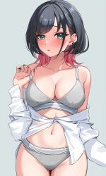 1girl adjusting_bra adjusting_clothes arm_at_side black_hair black_nails blush bra breasts character_request cleavage collarbone commentary copyright_request cowboy_shot earclip earrings embarrassed green_eyes grey_background grey_bra grey_panties hair_behind_ear hand_up highres jewelry kurokin large_breasts long_hair long_sleeves looking_at_viewer mole mole_under_mouth multicolored_hair navel no_pants off_shoulder open_clothes open_shirt panties parted_lips pink_hair raised_inner_eyebrows shirt shirt_partially_removed simple_background solo standing stomach stud_earrings symbol-only_commentary underwear white_shirt