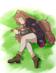 1girl animal_ear_fluff animal_ears blush boots brown_boots brown_dress brown_hair child closed_eyes commentary dress full_body grass grey_dress highres layered_dress long_hair long_sleeves lying messy_hair metal_hair_tubes metal_wrist_cuffs motsutoko on_grass on_side parted_lips raccoon_ears raccoon_girl raccoon_tail raphtalia red_dress short_dress short_sleeves sleeping solo striped_clothes striped_dress tail tate_no_yuusha_no_nariagari two-tone_dress vertical-striped_clothes vertical-striped_dress