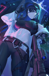 blue_archive blue_eyes blue_hair crop_top night open_clothes open_shirt saori_(blue_archive) tactical_clothes