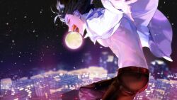 1boy arms_at_sides black_pants building city collared_shirt evil_grin evil_smile floating floating_clothes floating_hair full_moon grin guest_art hair_slicked_back kibadori_rue looking_at_viewer male_focus melty_blood melty_blood:_type_lumina michael_roa_valdamjong moon night night_sky non-web_source official_art open_clothes open_mouth open_shirt pants pectorals red_eyes sharp_teeth shirt sky sleeve_cuffs smile teeth tongue tongue_out tsukihime tsukihime_(remake) vampire white_shirt